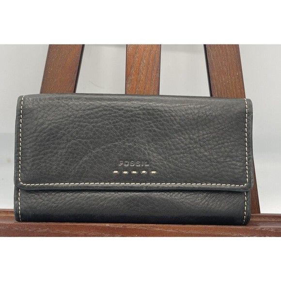 Fossil Popstitch Soft Black Leather Trifold Wallet & Checkbook Cover 7x3 - Picture 1 of 8
